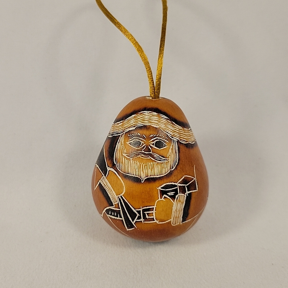 Peruvian LUCUMA Folk Art Hand Painted Santa Carved Gourd Ornament